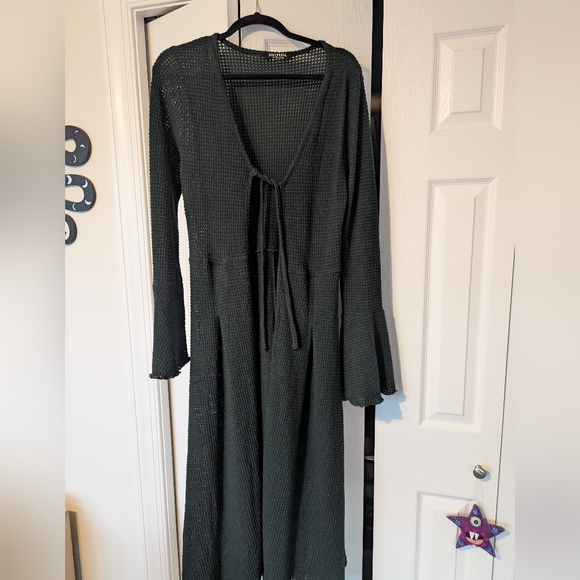 Xana Textured Tie Front Long Cardigan - Green - Picture 2 of 7